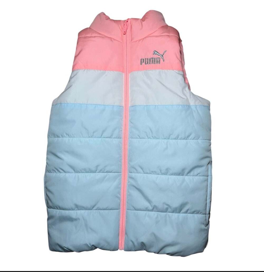 Puma Girls Puffer Vest‎ Pink Blue Colorblock Full Zip Lightweight XS 4/5
